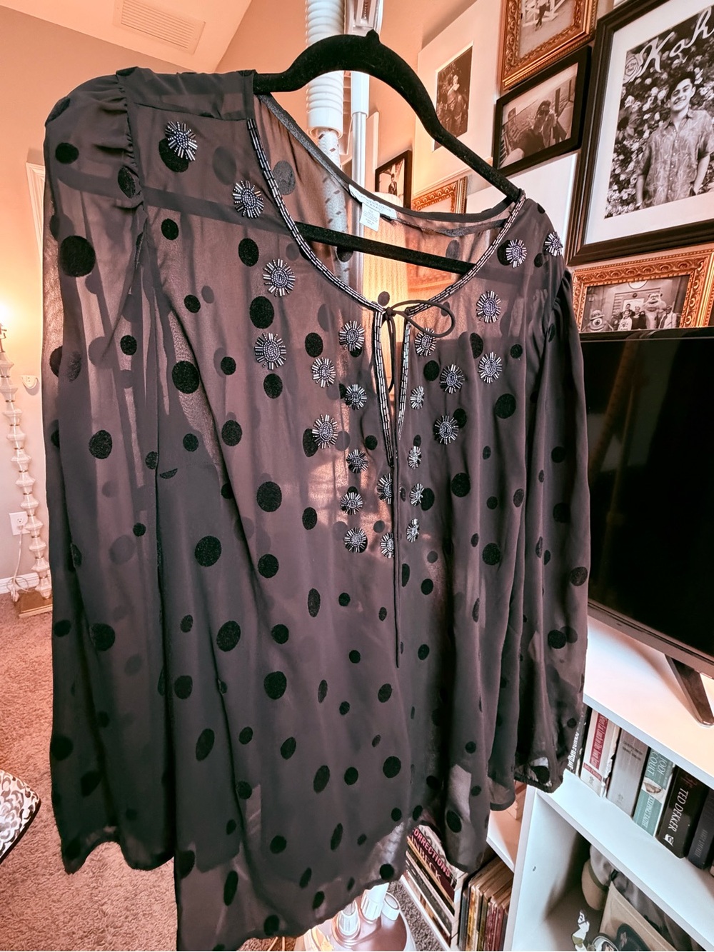 Charter Club Black Sheer Polka Dot Tie-Neck Blouse